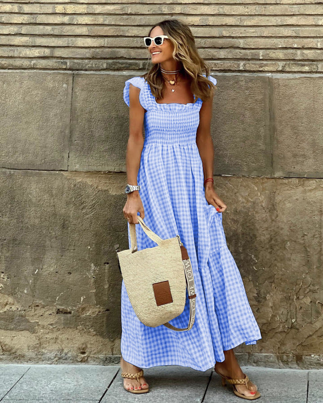 Summer Temperament Women's Collage Plaid Sling Elastic Swing Dress