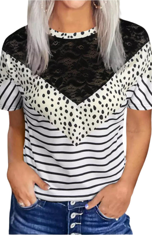 White Chevron Colorblock Lace Leopard Striped Print Short Sleeve Top