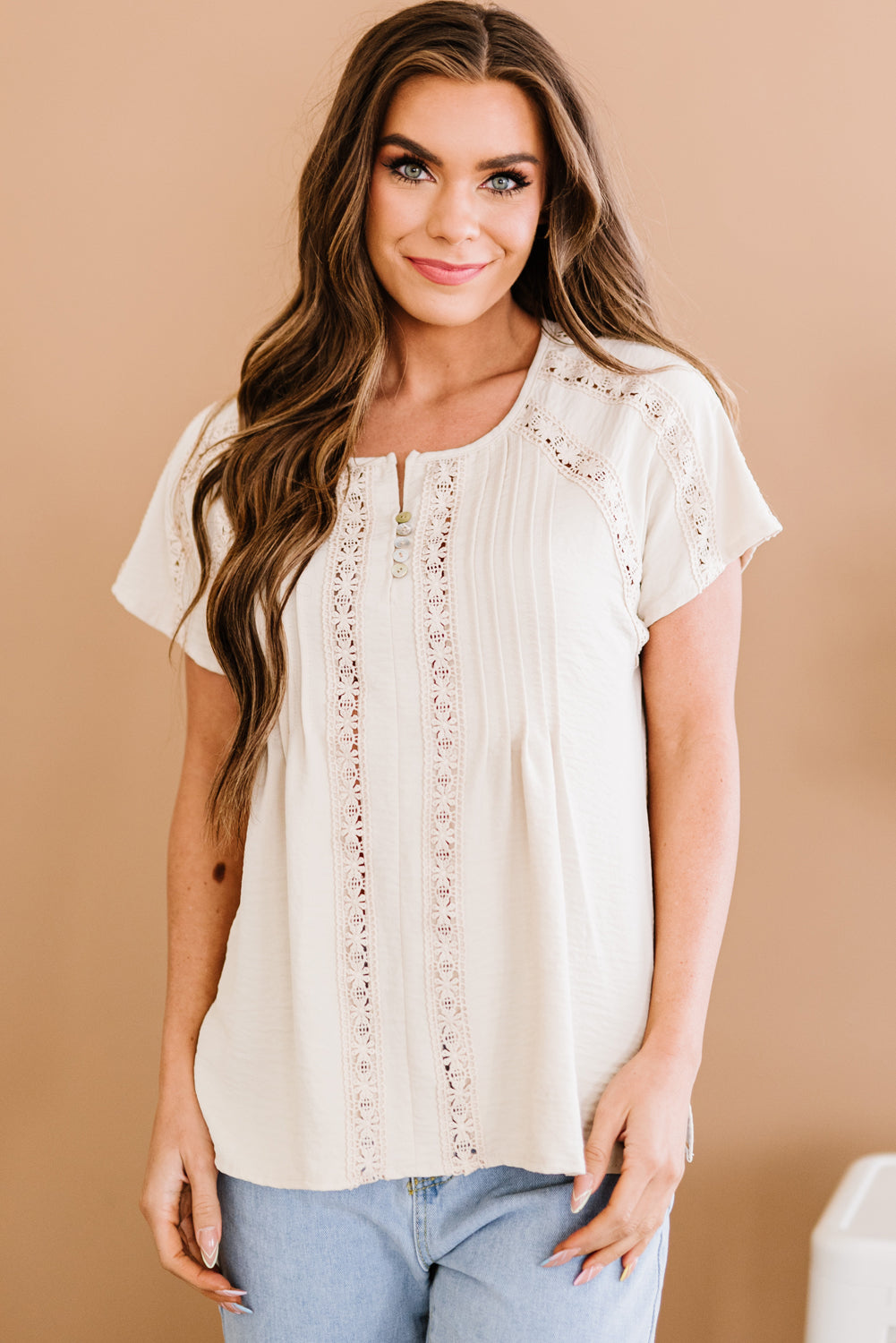 $33 Crochet Eyelet Buttoned Short Sleeves Top