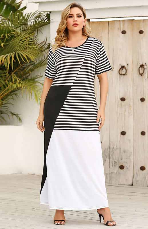 Women's Crew Neck Striped Colorblock Dress