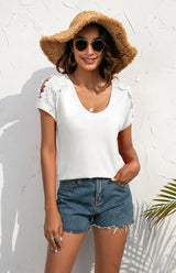 Women's Casual Lace Stitched V-Neck Pullover Short Sleeve Tops