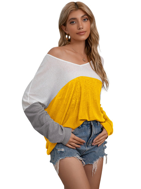 Women's Casual Loose Contrast Paneled Bat Long Sleeve Top