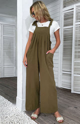 Women's 2022 summer solid color wide-leg cotton and linen overalls