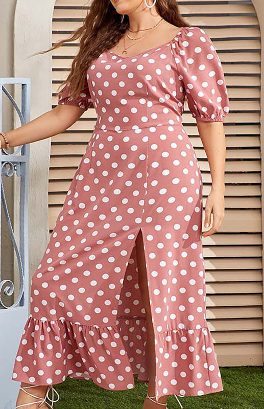Women's Plus Size Round Neck Short Sleeve Polka Dot Dress