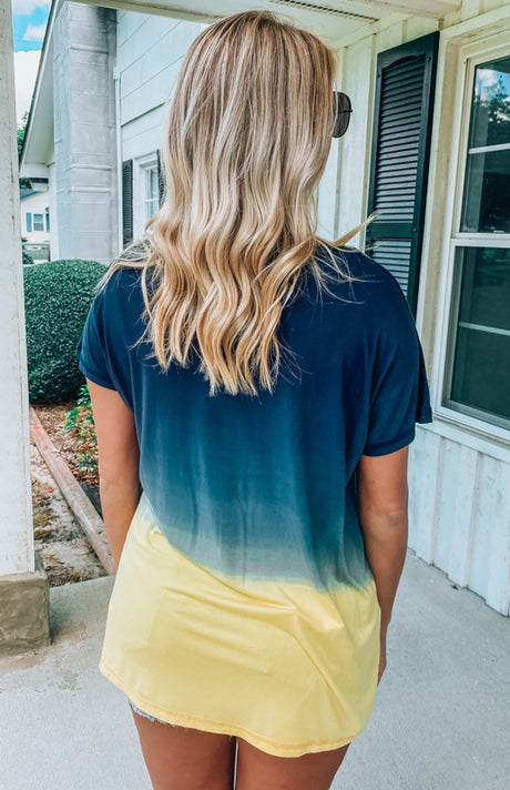 Women's Blue Gradient Block V-Neck T-Shirt