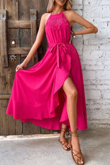Opulence EmpórionBelted Crochet Yoke Frill Trim Dress