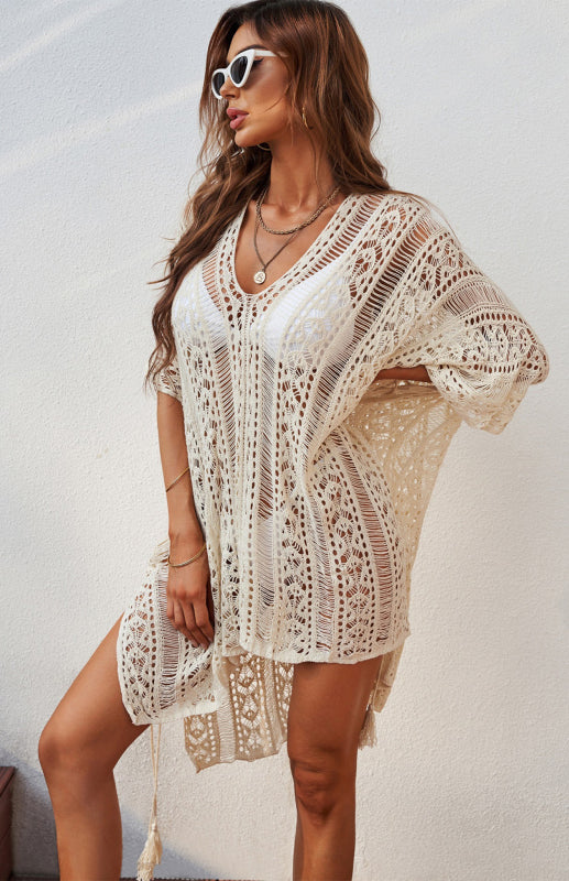 $44.98 Crochet Knitted Tassel Tie Kimono Beachwear