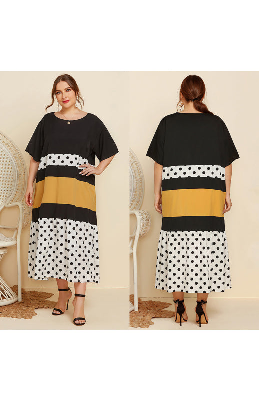 Women's Polka Dot Colorblock Round Neck Long Dress