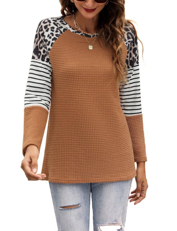 Women’s Long Sleeve Waffle Sweater With Leopard And Stripe Color Blocking