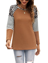 Women’s Long Sleeve Waffle Sweater With Leopard And Stripe Color Blocking
