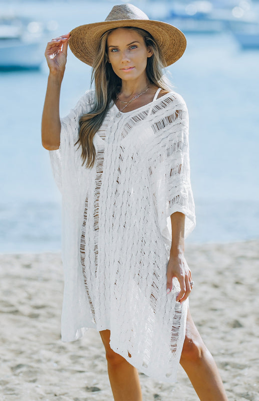White Knit Hollow-out Beach Cover up Dolman Sleeves Side Slits Dress