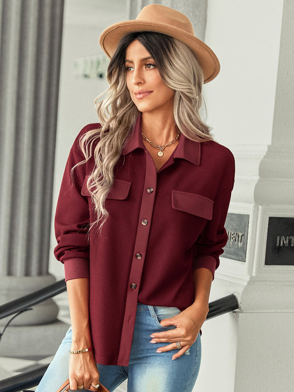 Women's fashion fake pocket knitted shirt top