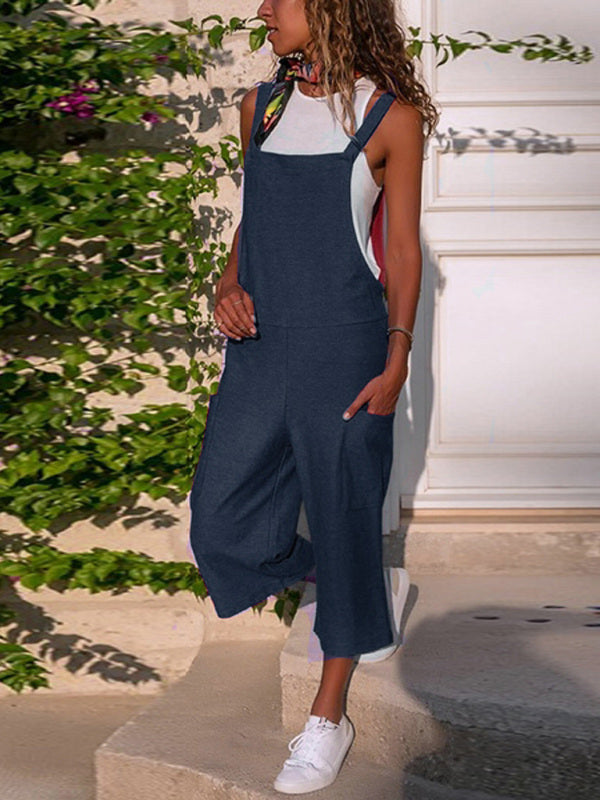 Solid Color Cotton Linen Casual Loose Long Wide Leg Jumpsuit Suspenders Straps Back Pants
