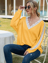 Women's Solid Color Cutout Lace Panel Waffle V-Neck Top
