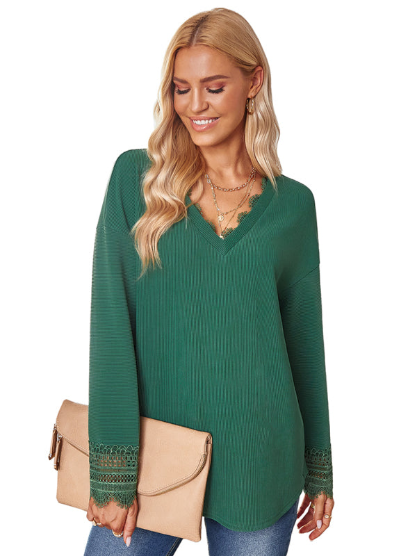 Women's fashion knitted lace V-neck bottoming shirt