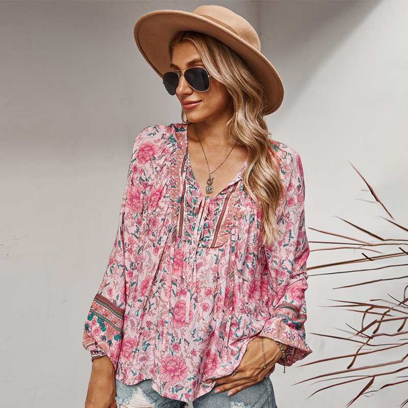 Women's Bohemian Print Neck Tie Long Sleeve Top