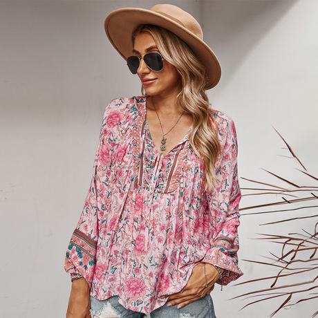 Women's Bohemian Print Neck Tie Long Sleeve Top