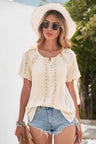 $33 Crochet Eyelet Buttoned Short Sleeves Top