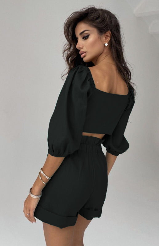 Women's Fashion Sexy Cotton Linen Cardigan Top Pocket Shorts Casual Suit