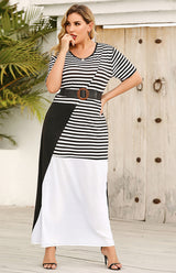 Women's Crew Neck Striped Colorblock Dress