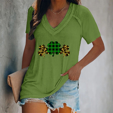 Women's V-neck Graphic Printed Four-leaf Clovers T-shirt