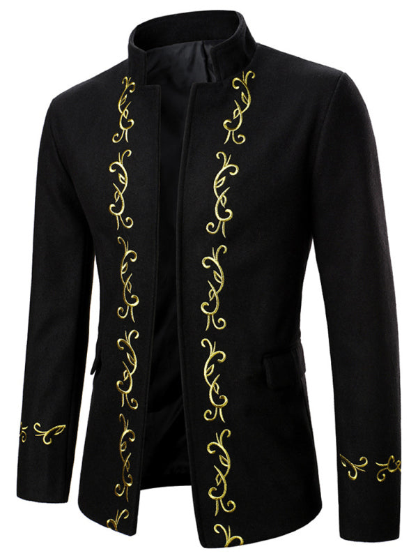 Men's Stand Collar Embroidery Pea Coat Tweed Coat
