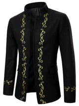 Men's Stand Collar Embroidery Pea Coat Tweed Coat