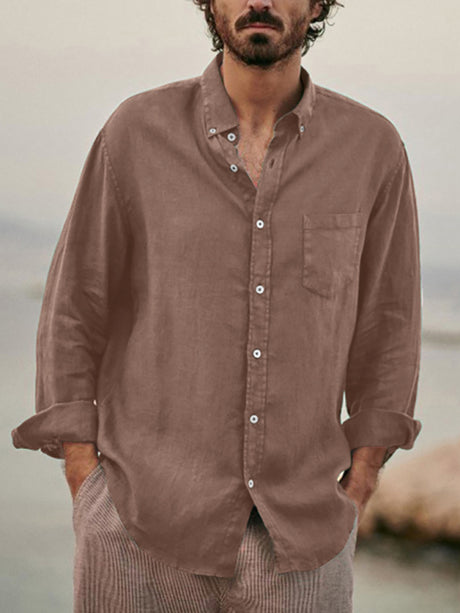 Men’s Fashionable Linen Collared Button Down Long Sleeve Shirt With Front Chest Pocket