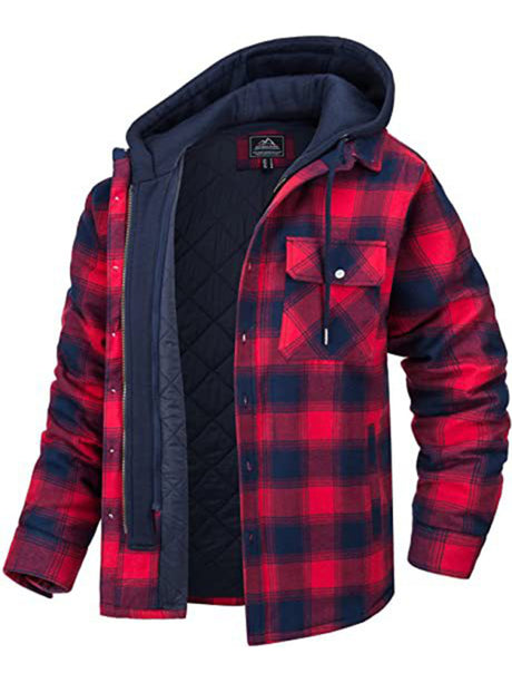 Men’s Plaid Pattern Flannel Contrast With Quilted Lined Hoodie Shirt Jacket