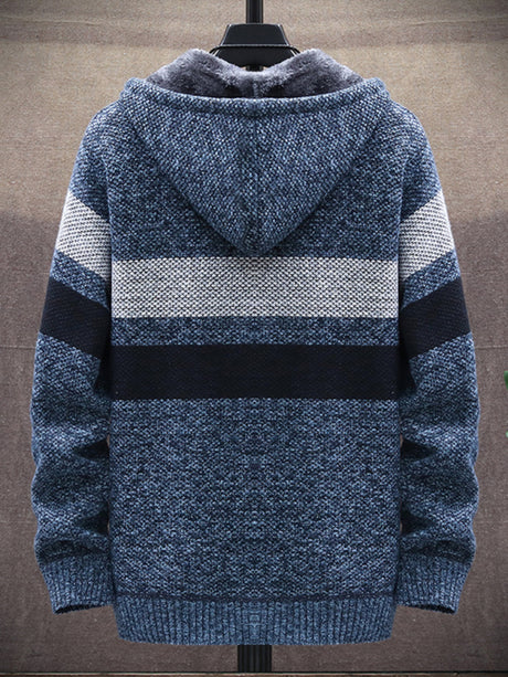 Men’s Color Block Faux Fur Lining Zip Front Hooded Drawstring Hood Sweatshirt Jacket