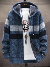 Men’s Color Block Faux Fur Lining Zip Front Hooded Drawstring Hood Sweatshirt Jacket