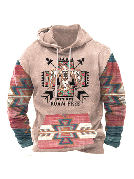 Men’s Bold Patterns Long Sleeve Drawstring Hood Kangaroo Pocket At Front Hooded Sweater Top