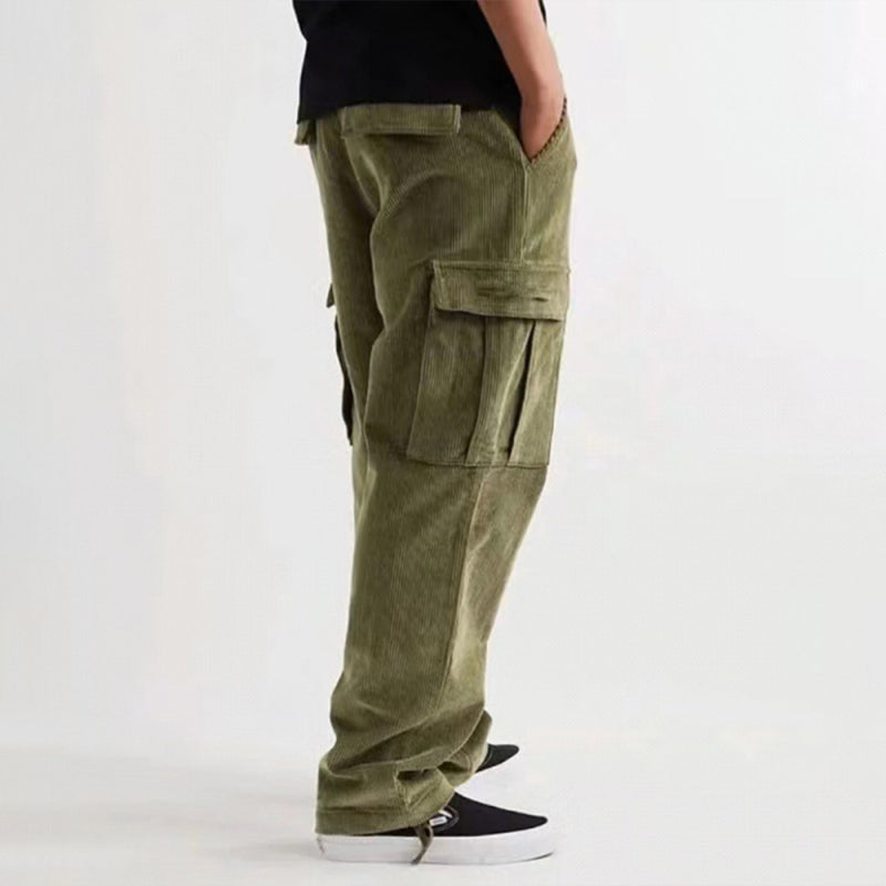$27.01 Corduroy multi-pocket straight trousers men's sweeping pants men's casual loose trousers