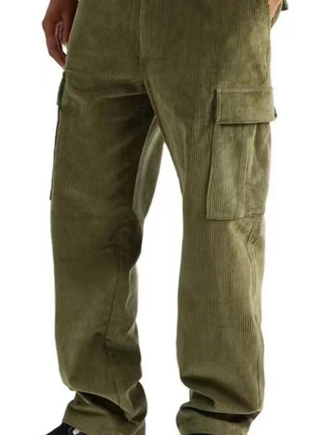 $27.01 Corduroy multi-pocket straight trousers men's sweeping pants men's casual loose trousers