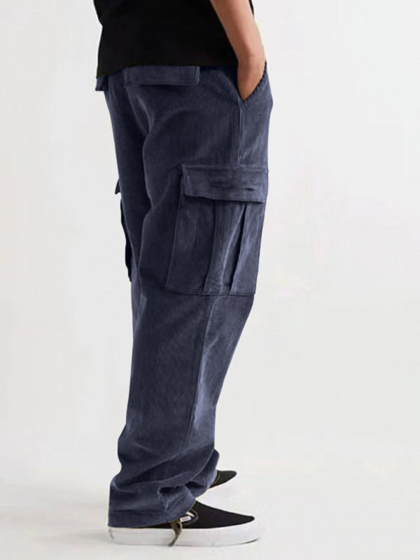 $27.01 Corduroy multi-pocket straight trousers men's sweeping pants men's casual loose trousers