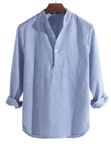 Men's Crew Neck Button Up Stripe Long Sleeve Shirt