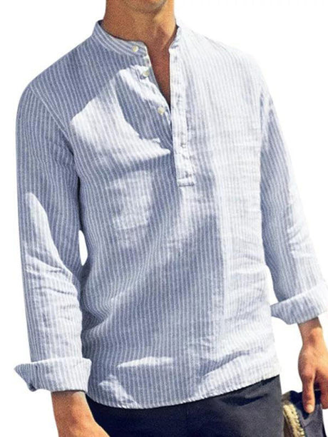 Men's Crew Neck Button Up Stripe Long Sleeve Shirt