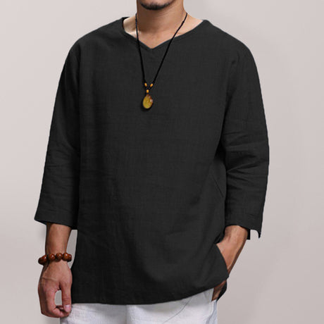 Men's Solid Color V Neck Slub Linen Three Quarter Sleeve Shirt