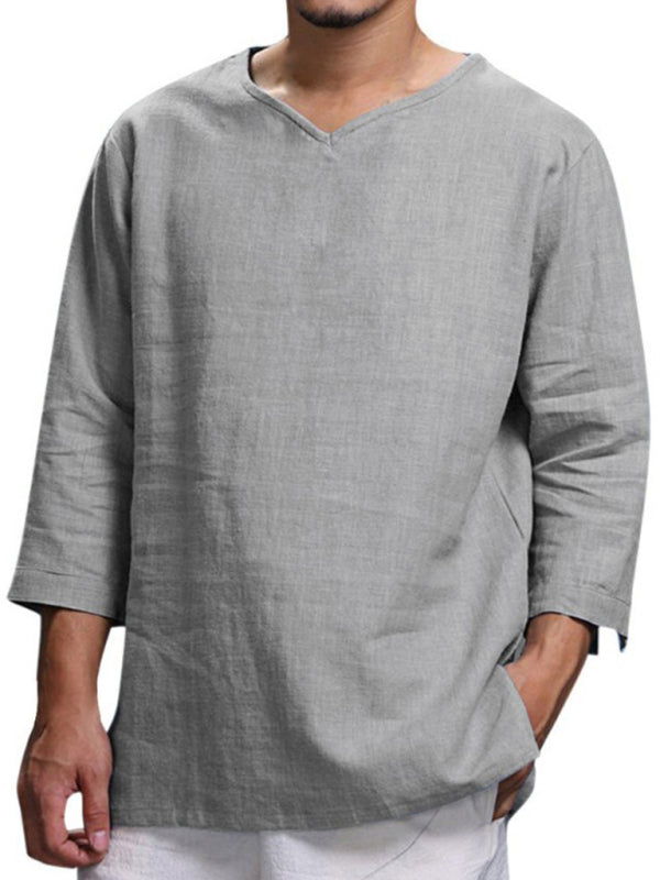 Men's Solid Color V Neck Slub Linen Three Quarter Sleeve Shirt