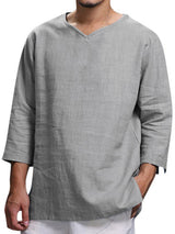 Men's Solid Color V Neck Slub Linen Three Quarter Sleeve Shirt