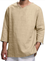 Men's Solid Color V Neck Slub Linen Three Quarter Sleeve Shirt