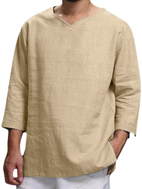 Men's Solid Color V Neck Slub Linen Three Quarter Sleeve Shirt