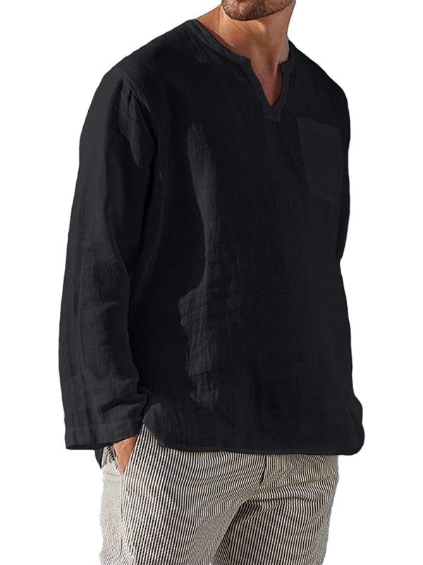 Men's Solid Color Linen Pullover Tunic Shirts