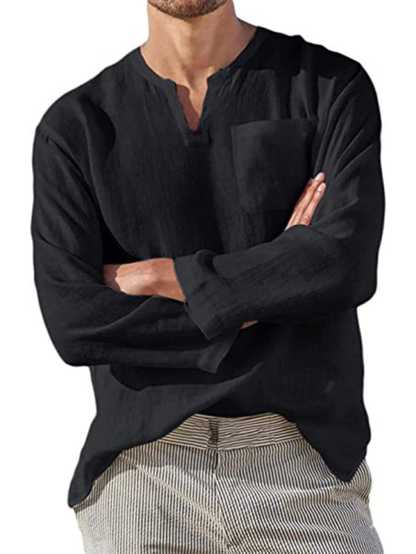 Men's Solid Color Linen Pullover Tunic Shirts