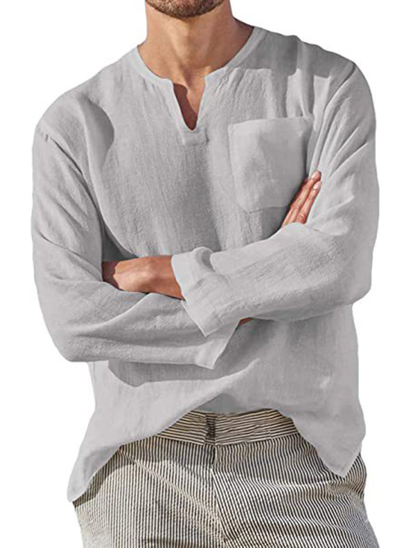 Men's Solid Color Linen Pullover Tunic Shirts