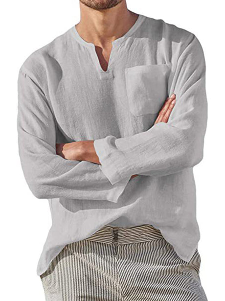 Men's Solid Color Linen Pullover Tunic Shirts