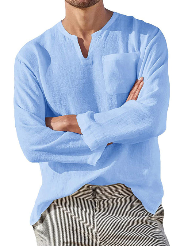 Men's Solid Color Linen Pullover Tunic Shirts