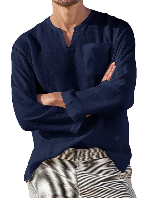 Men's Solid Color Linen Pullover Tunic Shirts