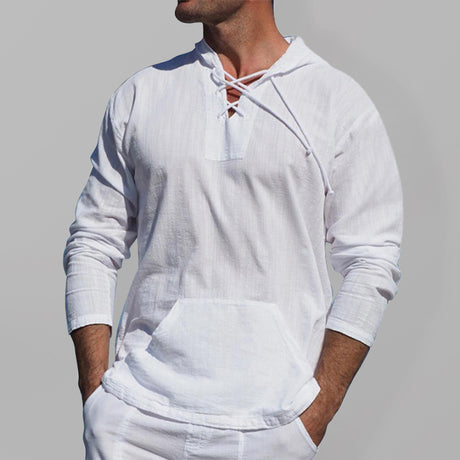 Men's Solid Color Adjustable Cross Straps Neck-line Hooded Knit Top