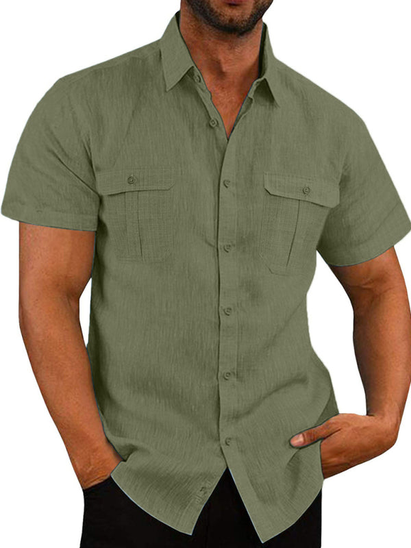 Men's Solid Color Double Pocket Short Sleeve Shirt Top